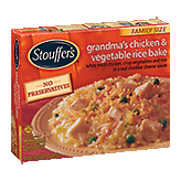 Stouffer's Family Size grandma's chicken & vegetable rice bake in a cheddar cheese sauce Left Picture